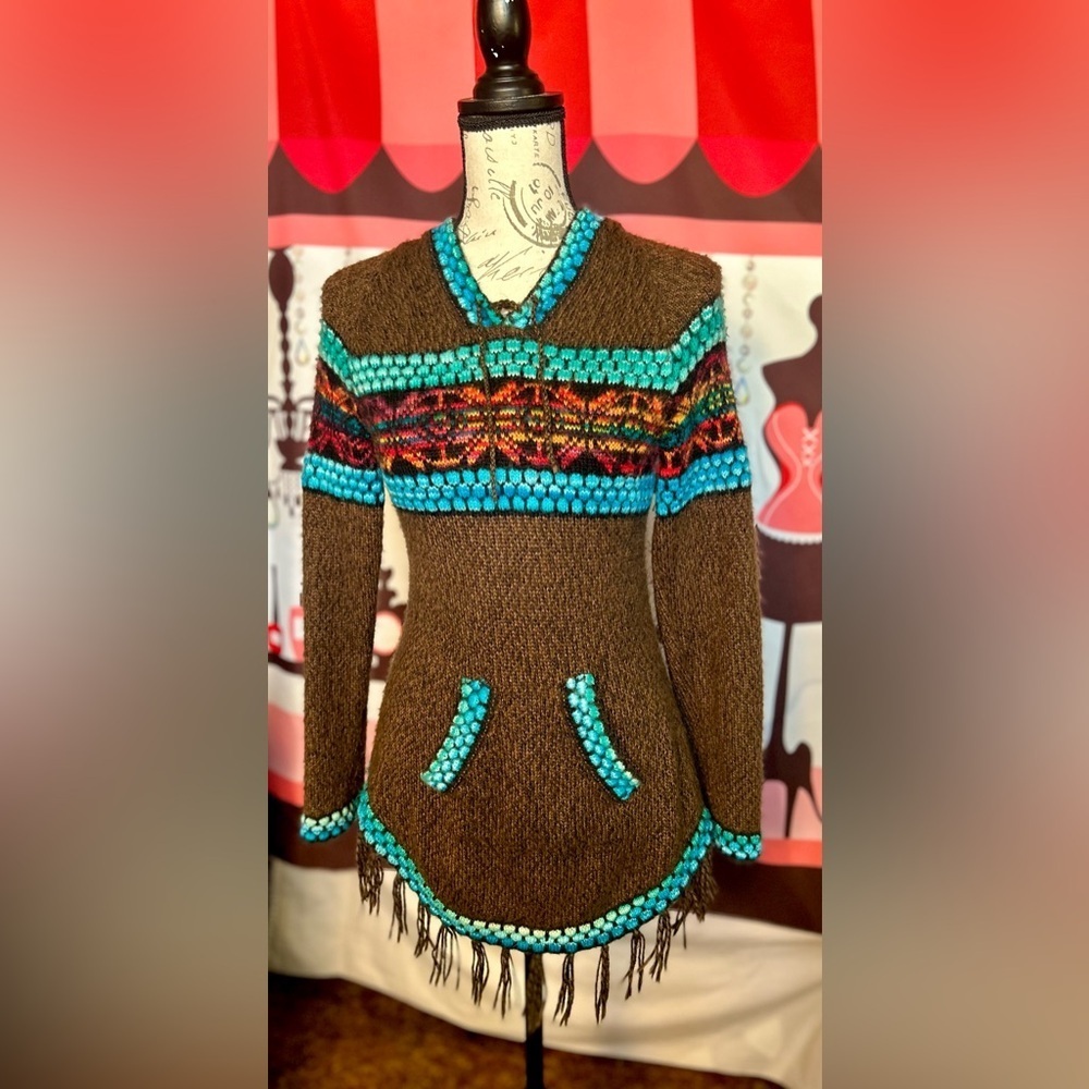 Pachamama REAL Peruvian Alpaca Colorful Fringed Hooded Sweater Size XS/S…​